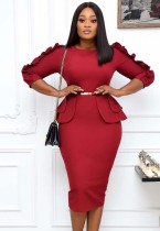 Spring African Red Round Neck Three Quarter Sleeve Ruffles With Belt Office Dress