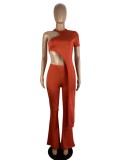 Summer Sexy Orange Irregular Round Neck Short Sleeve Top And Pant Wholesale Two Piece Clothing