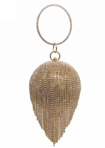 Bolsa feminina elegante com borlas para jantar de noite dourada e bola de strass