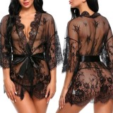 Plus Size Women Sexy Black Lace With Belt Nightgown Robe Lingerie