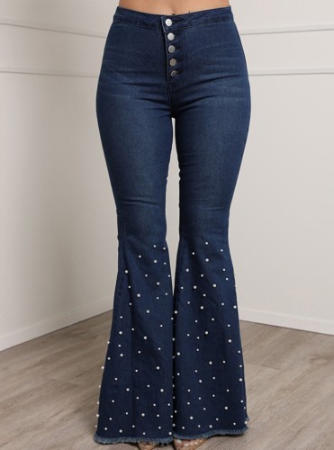 Jeans svasati con bottoni a vita alta blu sexy primaverili con perline a bolle
