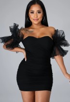 Summer Sexy Black Puffed Lace Short Sleeve Off Shoulder Bodycon Dress
