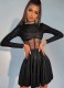 Spring Sexy Black Shine High Collar Long Sleeve Corset Slim Waist Mini Dress