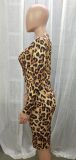 Spring Women Elegant Leopard Printed V-neck Long Sleeve Slim Fit Formal Midi Dress