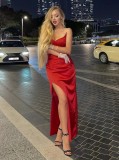 Summer Sexy Red Straps Sleeveless Slit Long Evening Dress