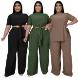 Spring Plus Size Black High Collar Short Sleeve Long Top And Loose Pant Wholesale 2 Piece Outfits