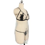 Plus Size Women Sexy Beige See Through Mesh With Lace Braces Dress And T-Back Lingerie Set