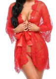 Plus Size Women Sexy Red Lace With Belt Nightgown Robe Lingerie