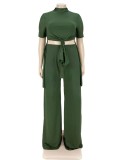 Spring Plus Size Green High Collar Short Sleeve Long Top And Loose Pant Wholesale 2 Piece Outfits