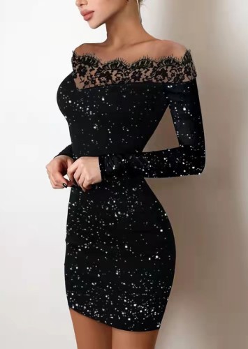 Mini vestido primavera sexy com estampa preta com decote em V de renda fora do ombro de manga comprida