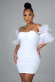 Summer Sexy White Puffed Lace Short Sleeve Off Shoulder Bodycon Dress