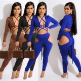 Spring Sexy Black Bandage Hollow Out Long Sleeve Crop Top And Cut Out Pant Wholesale Two Piece Sets