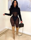 Spring Sexy Black See Through Mesh Long Sleeve With Hood Top And Pant Wholesale Two Piece Clothing