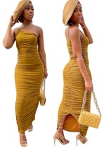 Kadın Yaz Sarı Tek Omuz Pileli Uzun Parti Elbise
