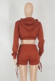 Women Spring Burgunry Long Sleeve Crop Top and Lace-Up Shorts Two Piece Set