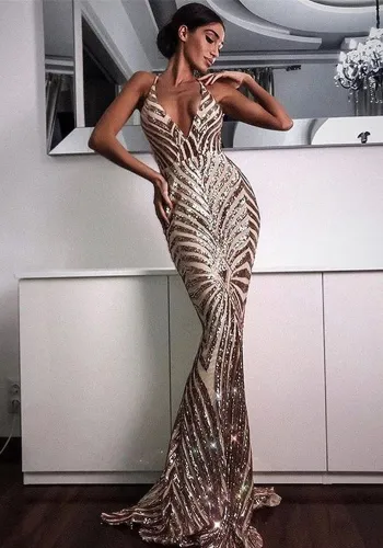 Summer Pink Sequins Straps Long Mermaid Evening Dress