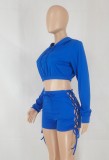 Women Spring Blue Long Sleeve Crop Top and Lace-Up Shorts Two Piece Set