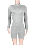 Women Spring Grey Long Sleeves Basic Rompers