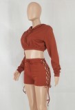 Women Spring Burgunry Long Sleeve Crop Top and Lace-Up Shorts Two Piece Set