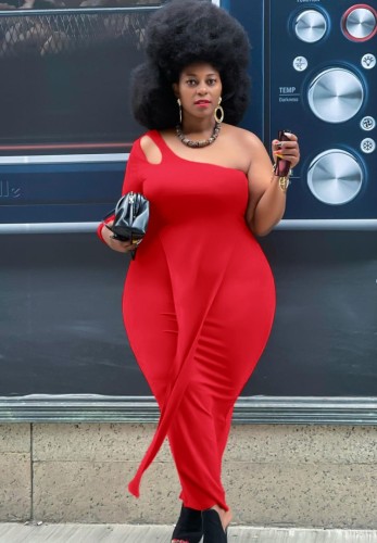 Women Spring Red One Shoulder Midi Plus Size Party Dress
