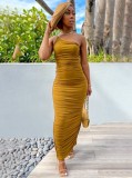 Women Summer Yellow One Shoulder Pleated Long Party Dress