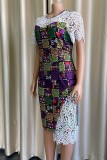 Women Spring Multi-Color Print Lace Patch Mature Midi Dress