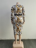 Women Spring Print Long Sleeves O-Neck Plus Size Midi Dress