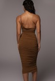 Women Summer Brown One Shoulder Pleated Long Party Dress