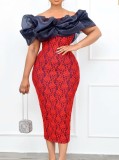 Women Spring Red Flower Lace Off Shoulder Midi Party Dress