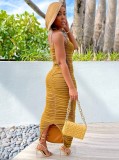 Women Summer Yellow One Shoulder Pleated Long Party Dress