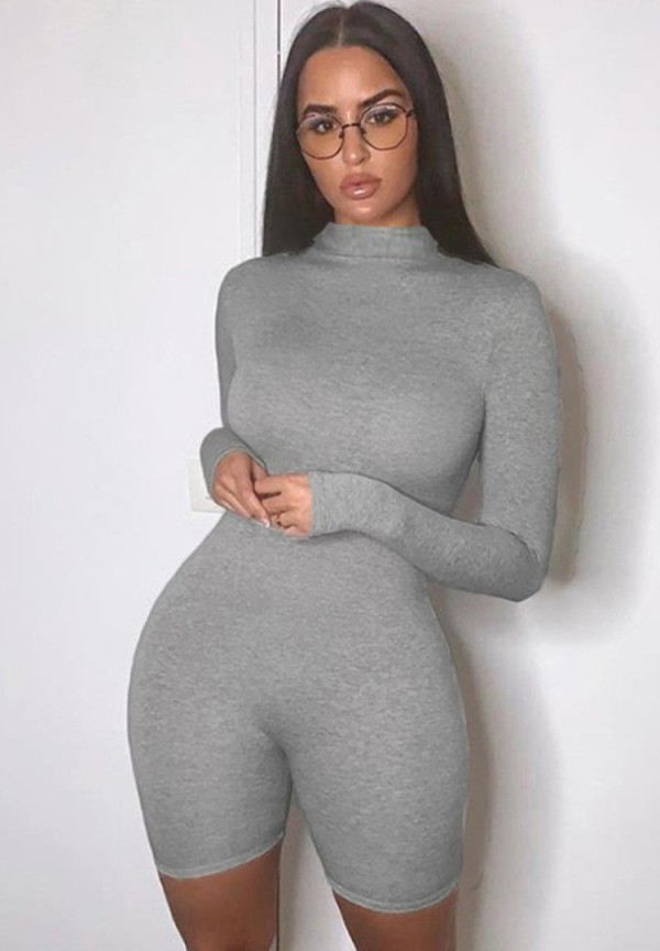 Women Spring Grey Long Sleeves Basic Rompers