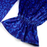 Women Spring Blue Leopard Print Off Shoulder Puff Sleeves Mature Evening Dress