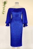 Women Spring Blue Leopard Print Off Shoulder Puff Sleeves Mature Evening Dress