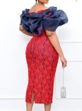 Women Spring Red Flower Lace Off Shoulder Midi Party Dress