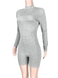 Women Spring Grey Long Sleeves Basic Rompers