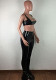 Women Summer Black Leather Bra and Slit Bottom High Waist Pants Two Piece Set