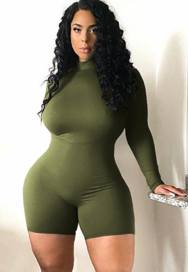 Women Spring Green Long Sleeves Basic Rompers