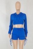 Women Spring Blue Long Sleeve Crop Top and Lace-Up Shorts Two Piece Set
