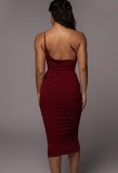 Women Summer Burgunry One Shoulder Pleated Long Party Dress