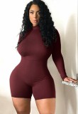 Women Spring Burgunry Long Sleeves Basic Rompers