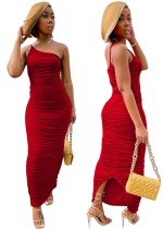 Kadın Yaz Kırmızı Tek Omuz Pileli Uzun Parti Elbise