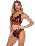 Women Burgunry Sexy Flower Lace Bra and Panty Valentine Lingerie Set