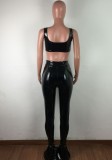 Women Summer Black Leather Bra and Slit Bottom High Waist Pants Two Piece Set