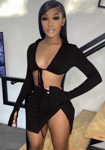 Women Spring Black Sexy Strings Crop Top and Slit Mini Skirt Two Piece Set