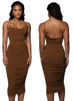Women Summer Brown One Shoulder Pleated Long Party Dress