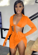 Set di due pezzi con top corto e minigonna a fessura con stringhe sexy arancioni primaverili da donna