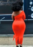 Women Spring Orange One Shoulder Midi Plus Size Party Dress