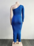 Women Spring Blue One Shoulder Midi Plus Size Party Dress