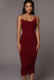 Women Summer Burgunry One Shoulder Pleated Long Party Dress