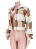 Women Spring Khaki Plaid Print Polar Fleece Zipper Hoody Jacket